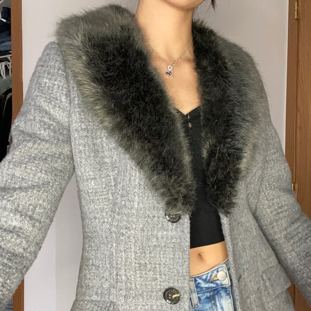 Fur trim banana republic, grey wool overcoat